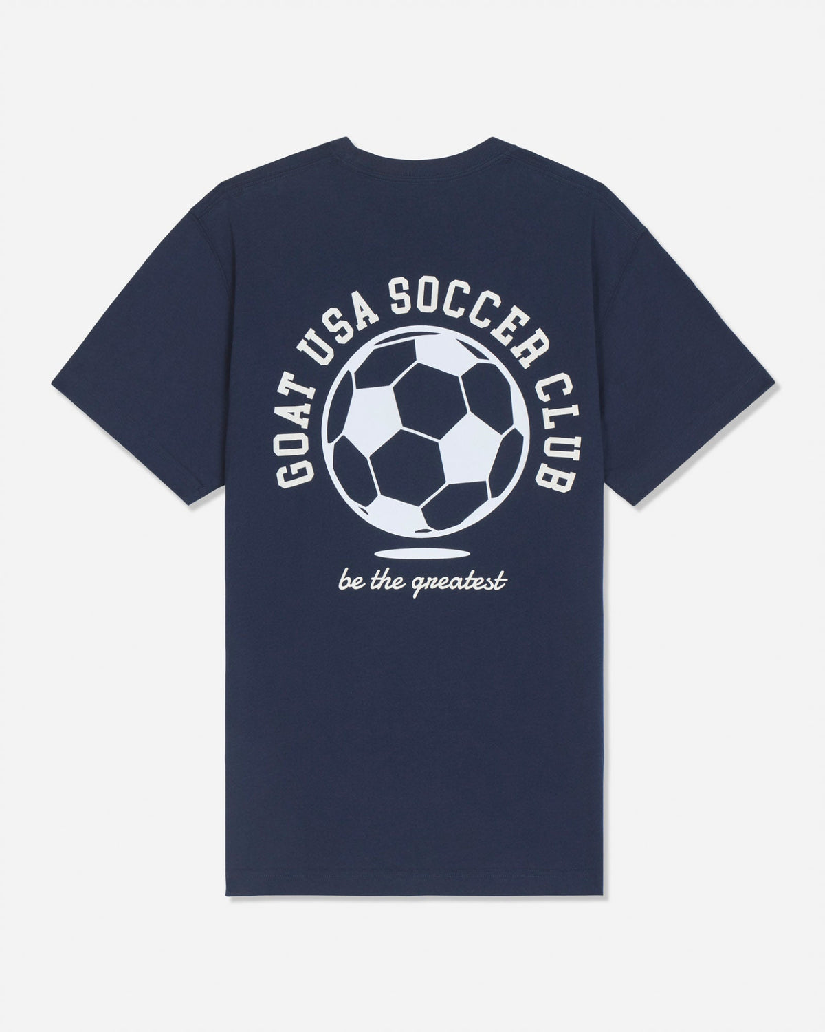 A navy blue short-sleeve t-shirt with a white graphic on the back featuring a soccer ball and the text 'GOAT USA SOCCER CLUB' and 'be the greatest'.