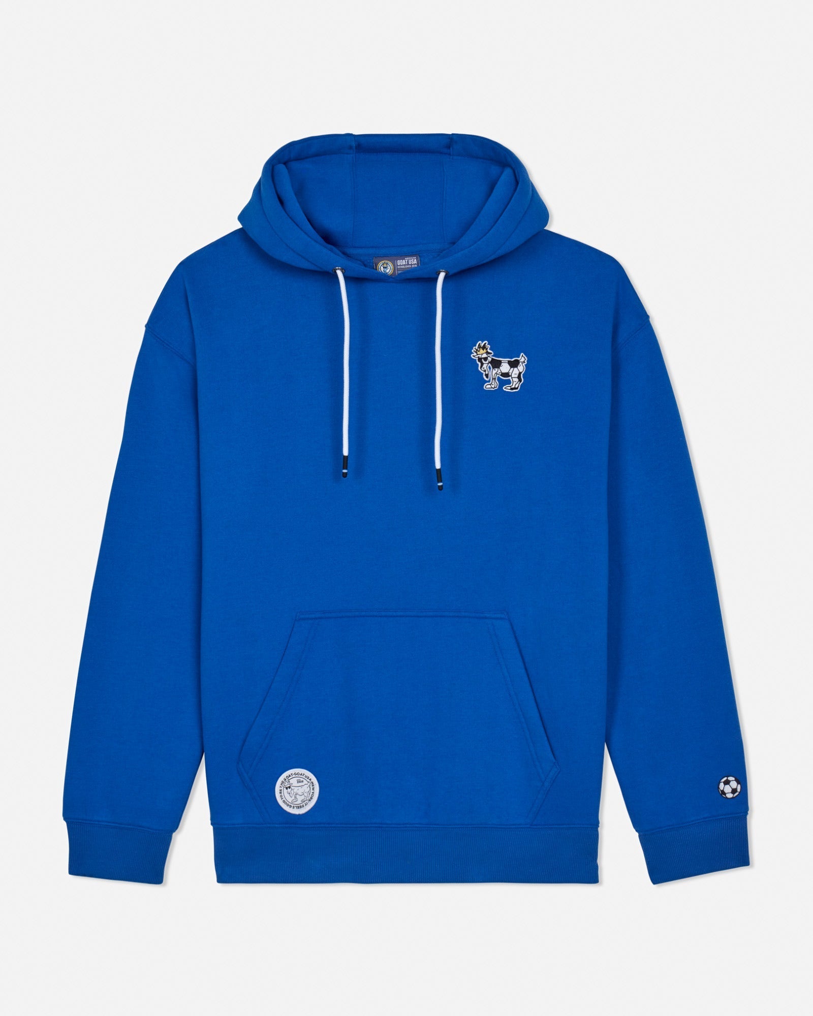 Front of royal hoodie with soccer goat left-chest logo