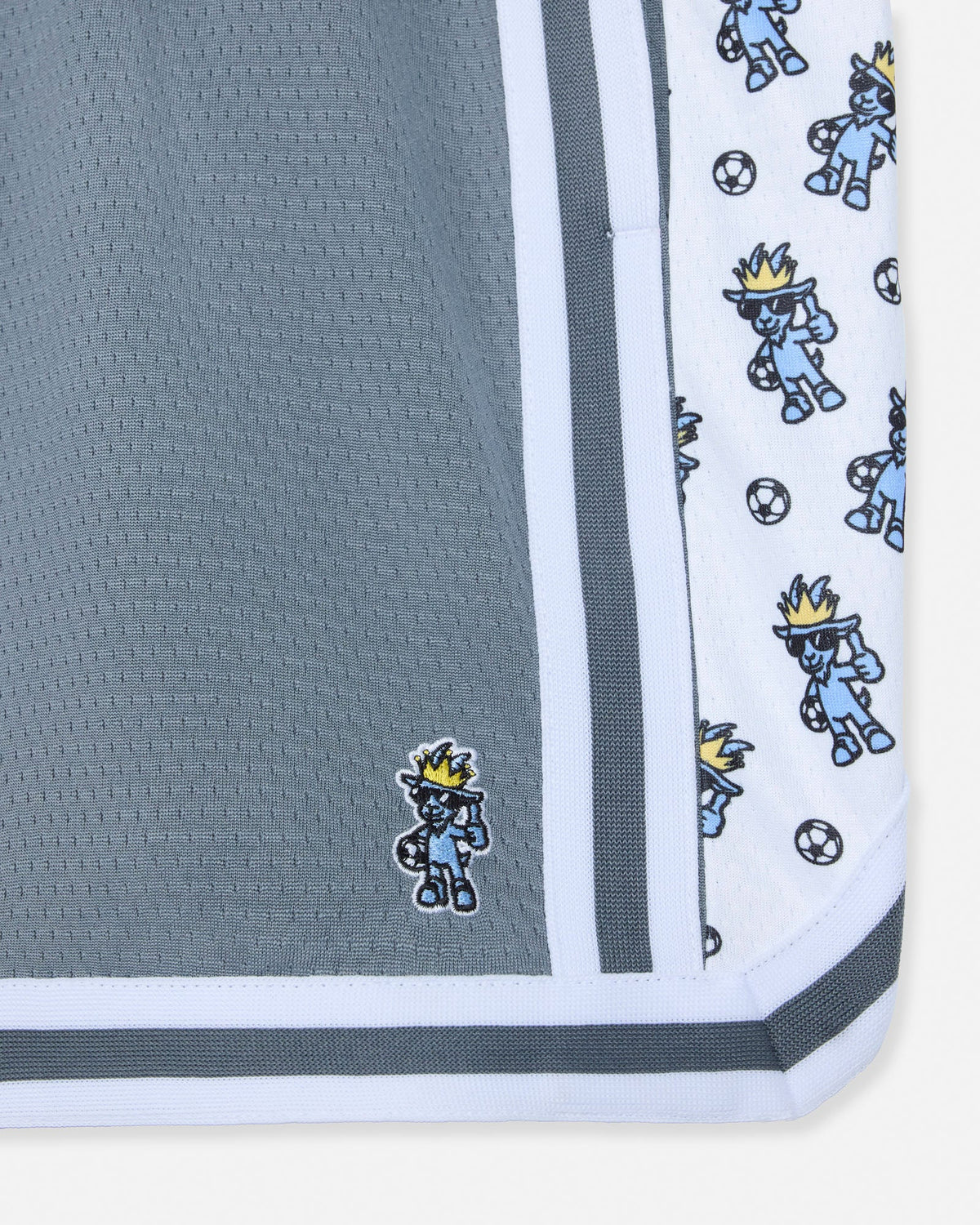 Gray shorts with cartoon character border and logo