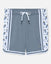 Gray shorts with soccer goat pattern on a white background