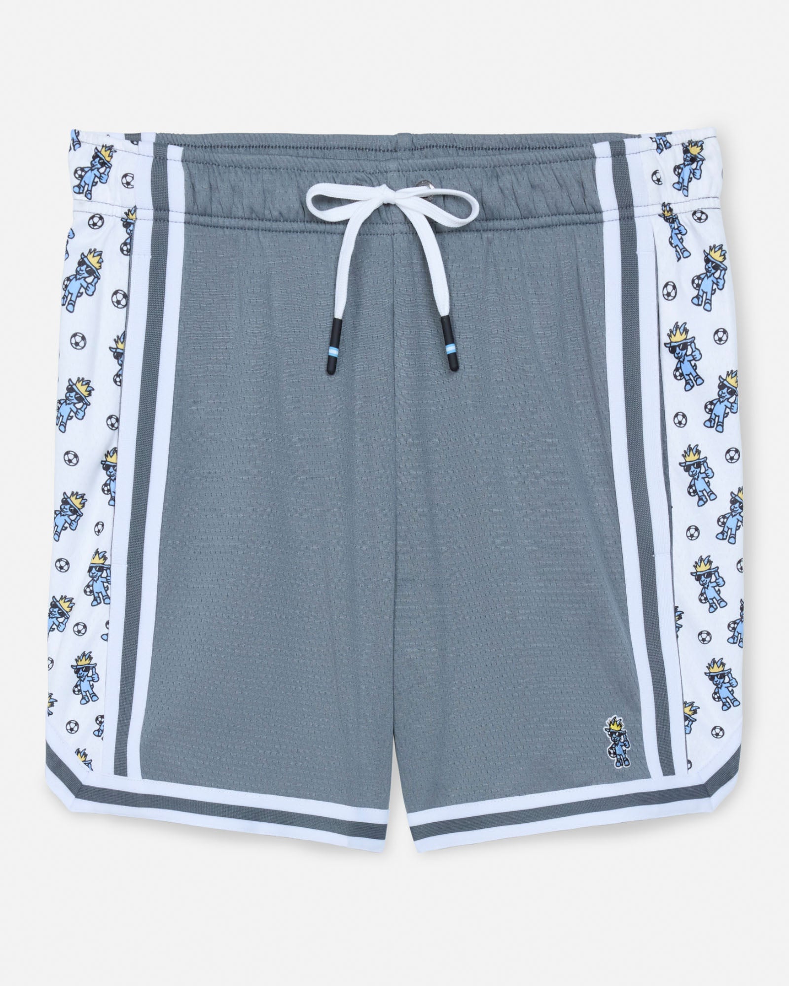 Gray shorts with soccer goat pattern on a white background