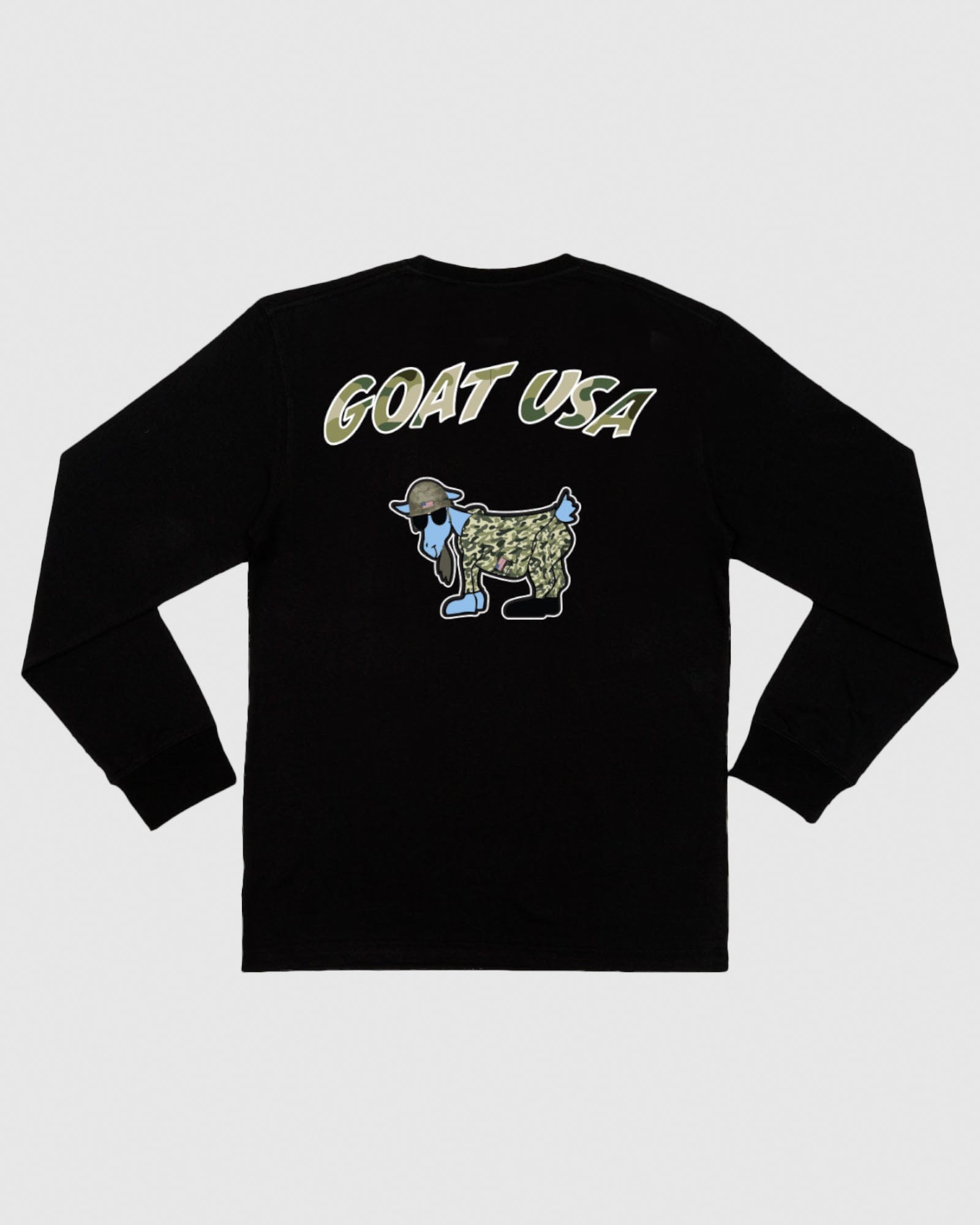 Black long sleeve with army goat and camo pattern text
