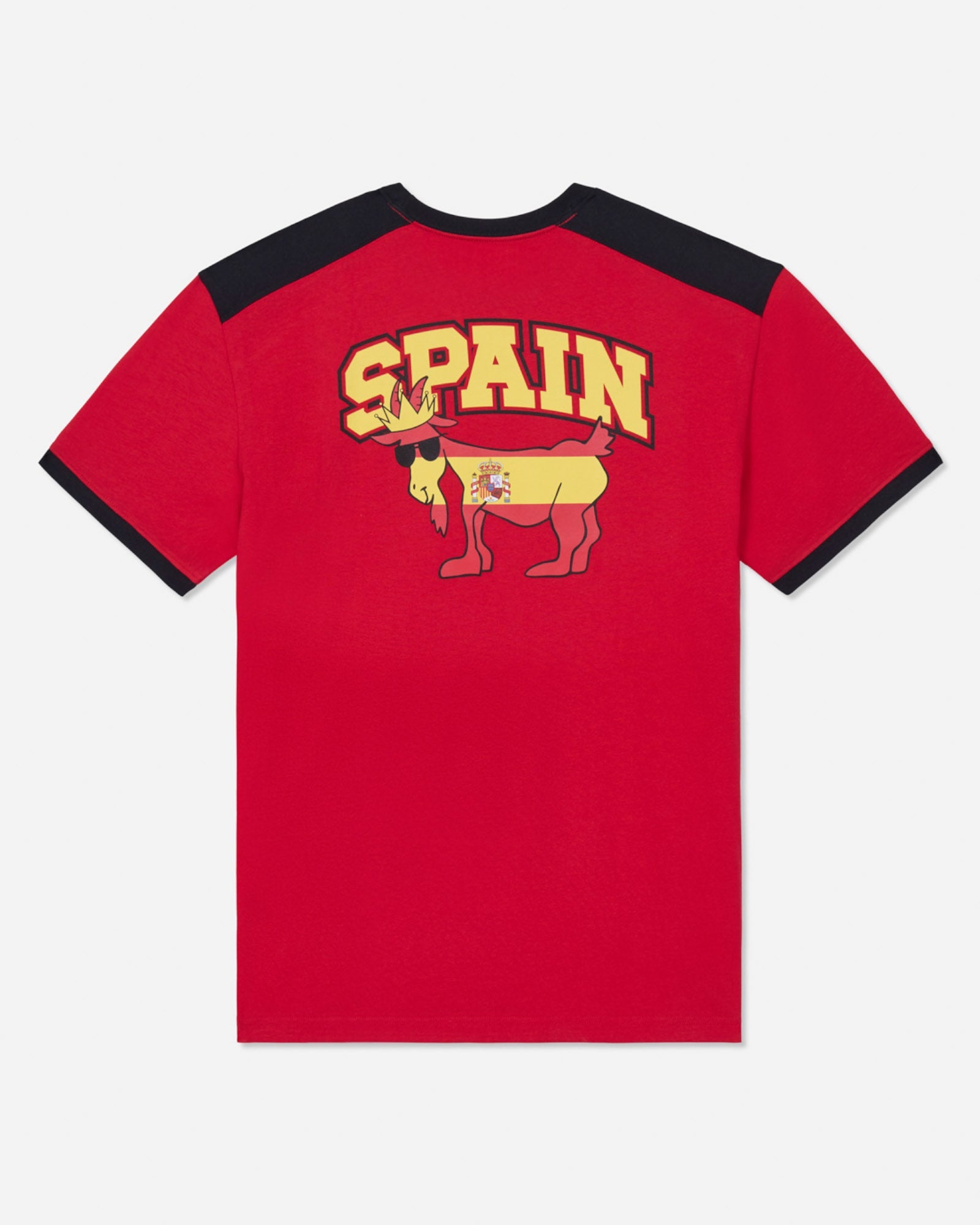 Red t-shirt with 'Spain' and goat graphic on a white background