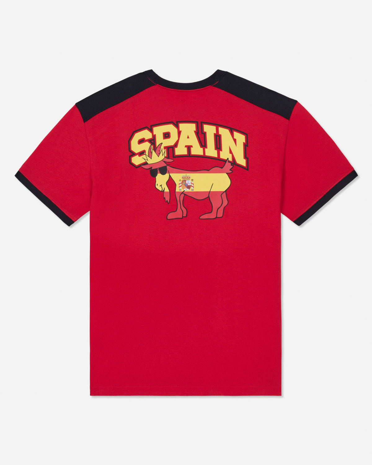 Red t-shirt with 'Spain' and goat graphic on a white background