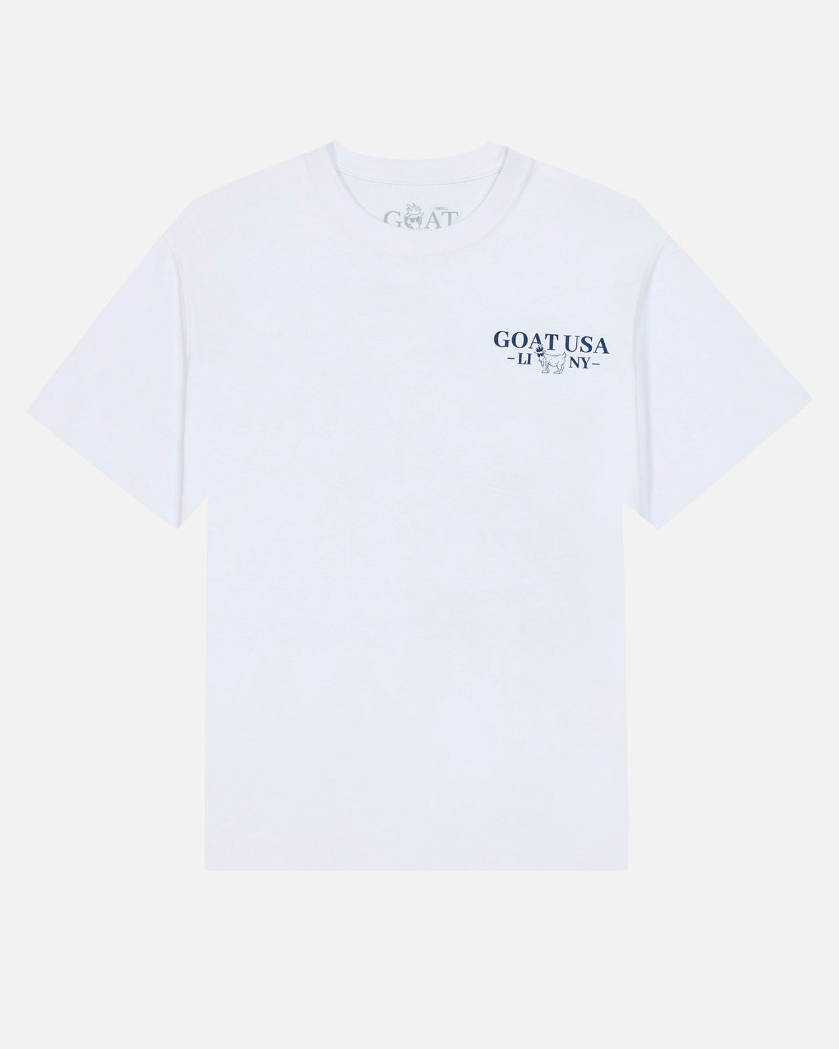 White t-shirt with a logo on a light gray background