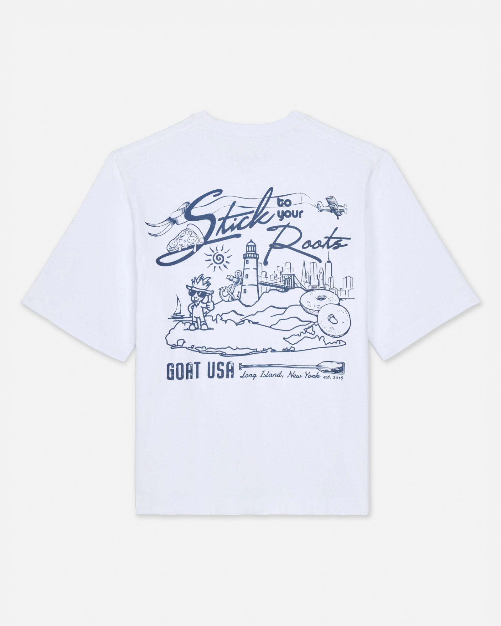 White t-shirt with blue graphic design on a white background