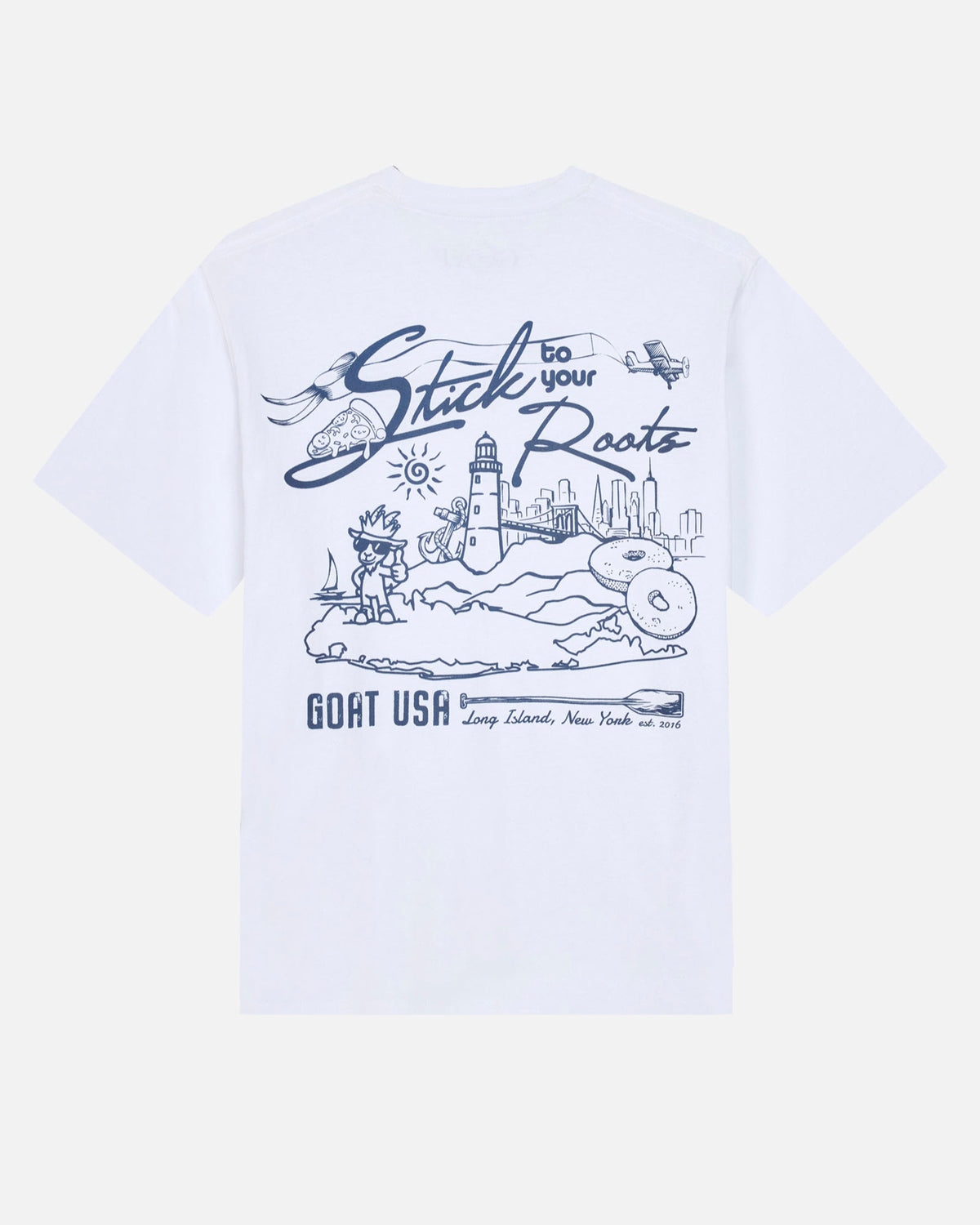 White t-shirt with blue graphic design on a white background