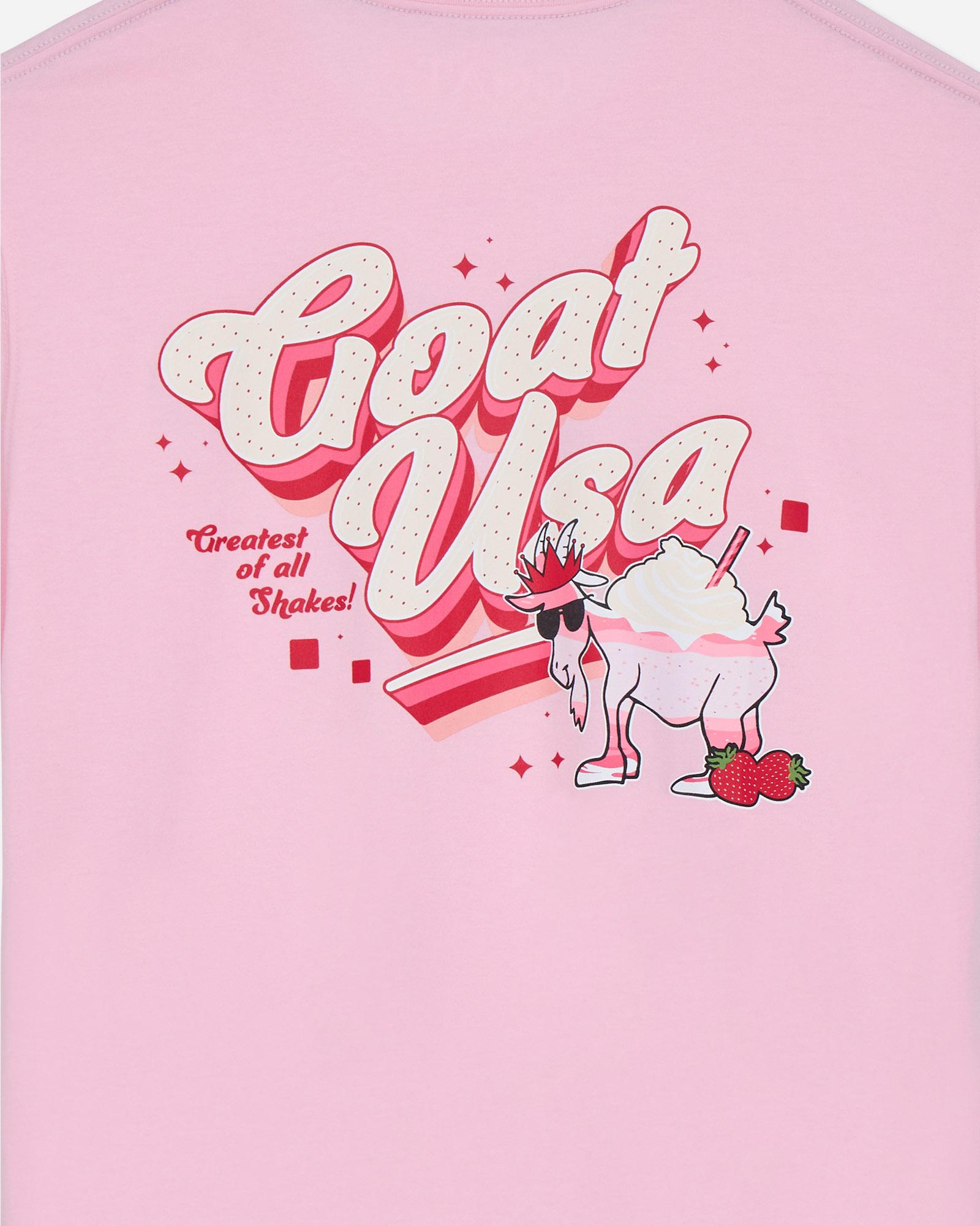 Pink t-shirt with cartoon goat graphic and text