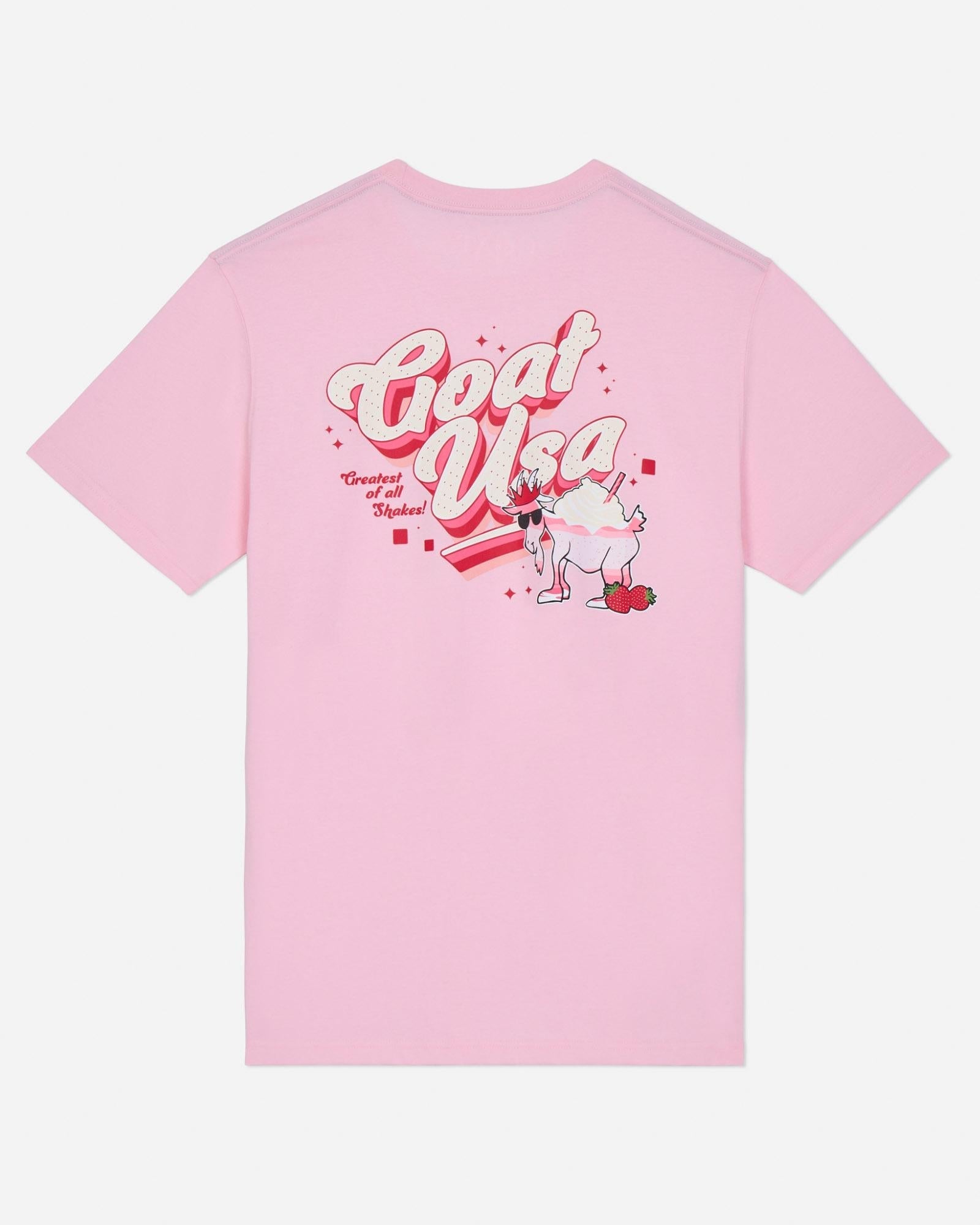 Pink t-shirt with graphic design and text on a light gray background