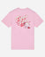 Pink t-shirt with graphic design and text on a light gray background