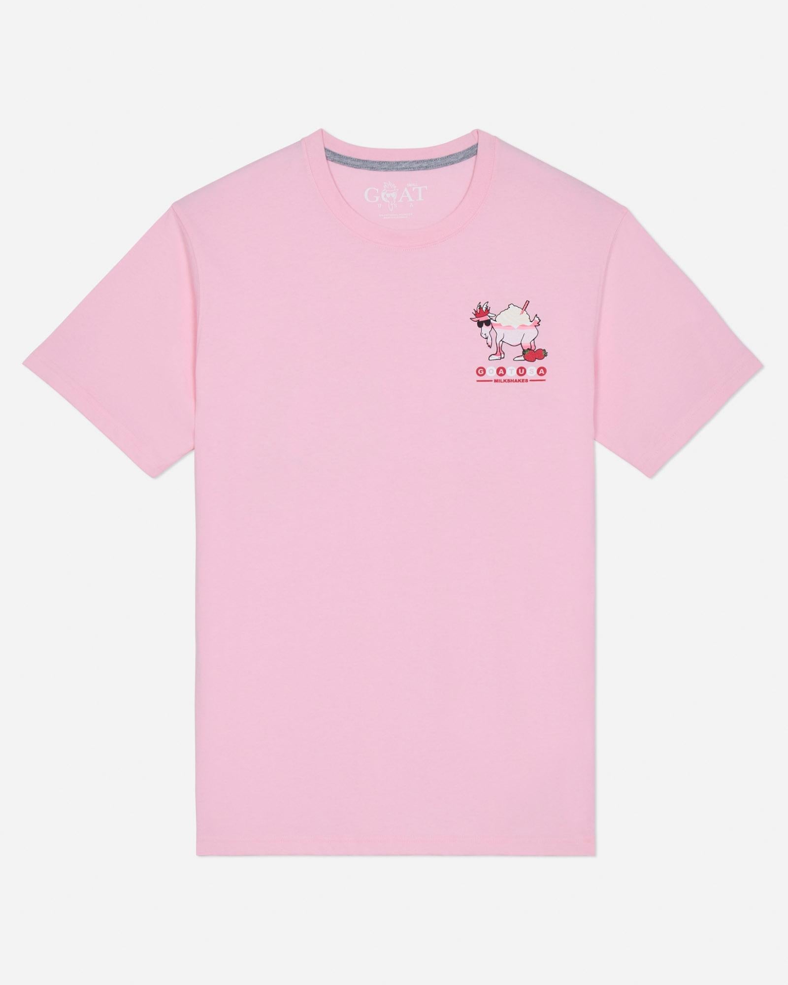 Pink t-shirt with a small graphic on the chest against a light gray background