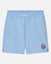 Blue striped shorts with a logo on a white background
