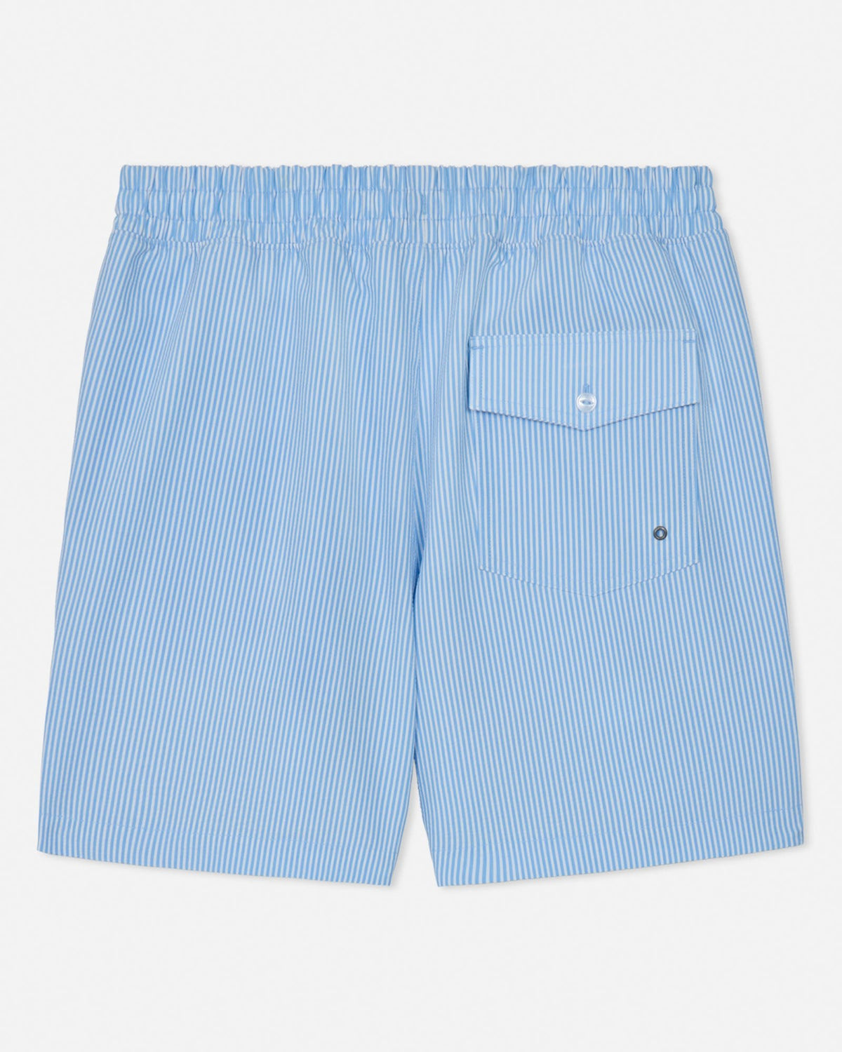 Blue striped shorts with a pocket on a light gray background
