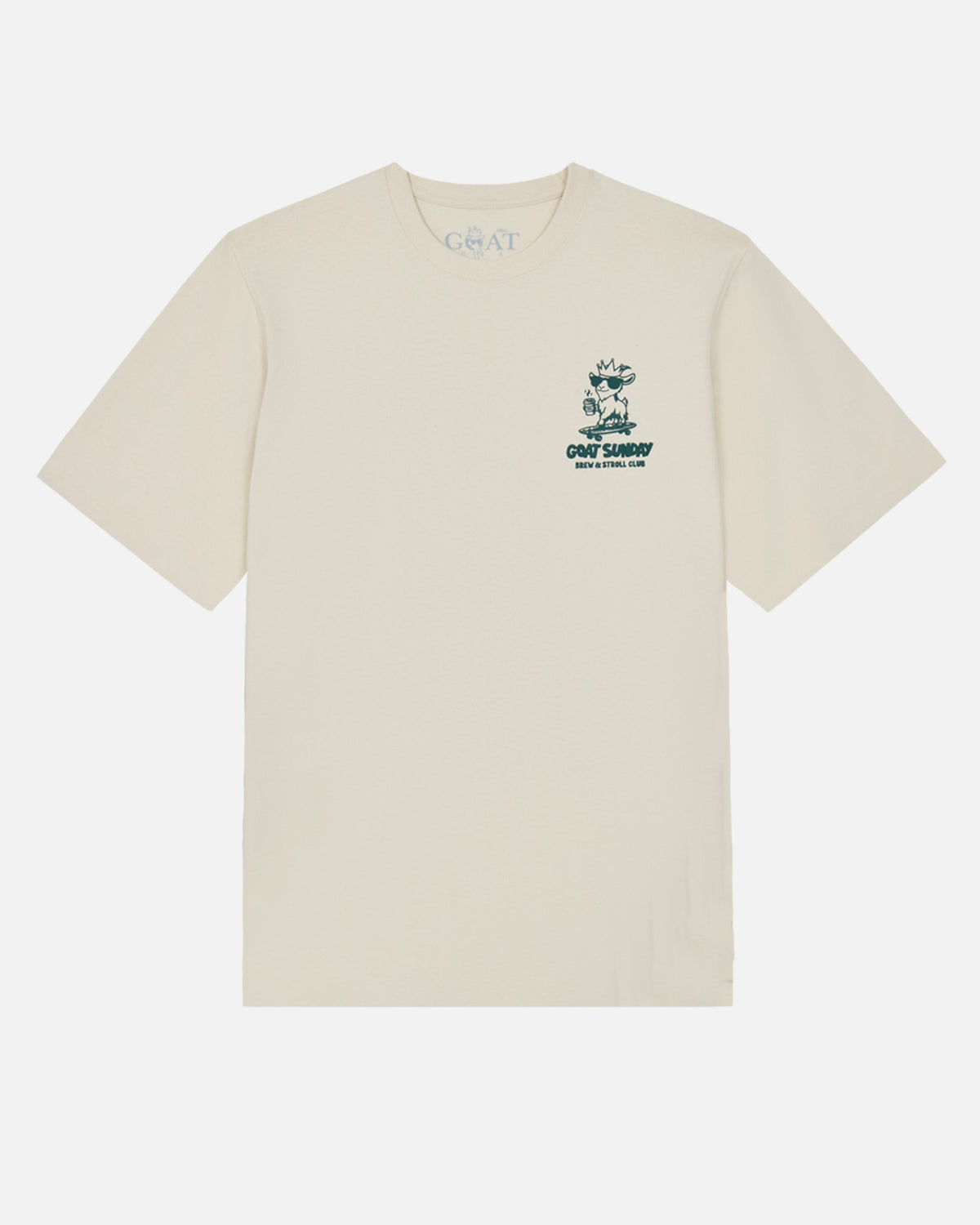 Beige t-shirt with a small graphic and text on a white background