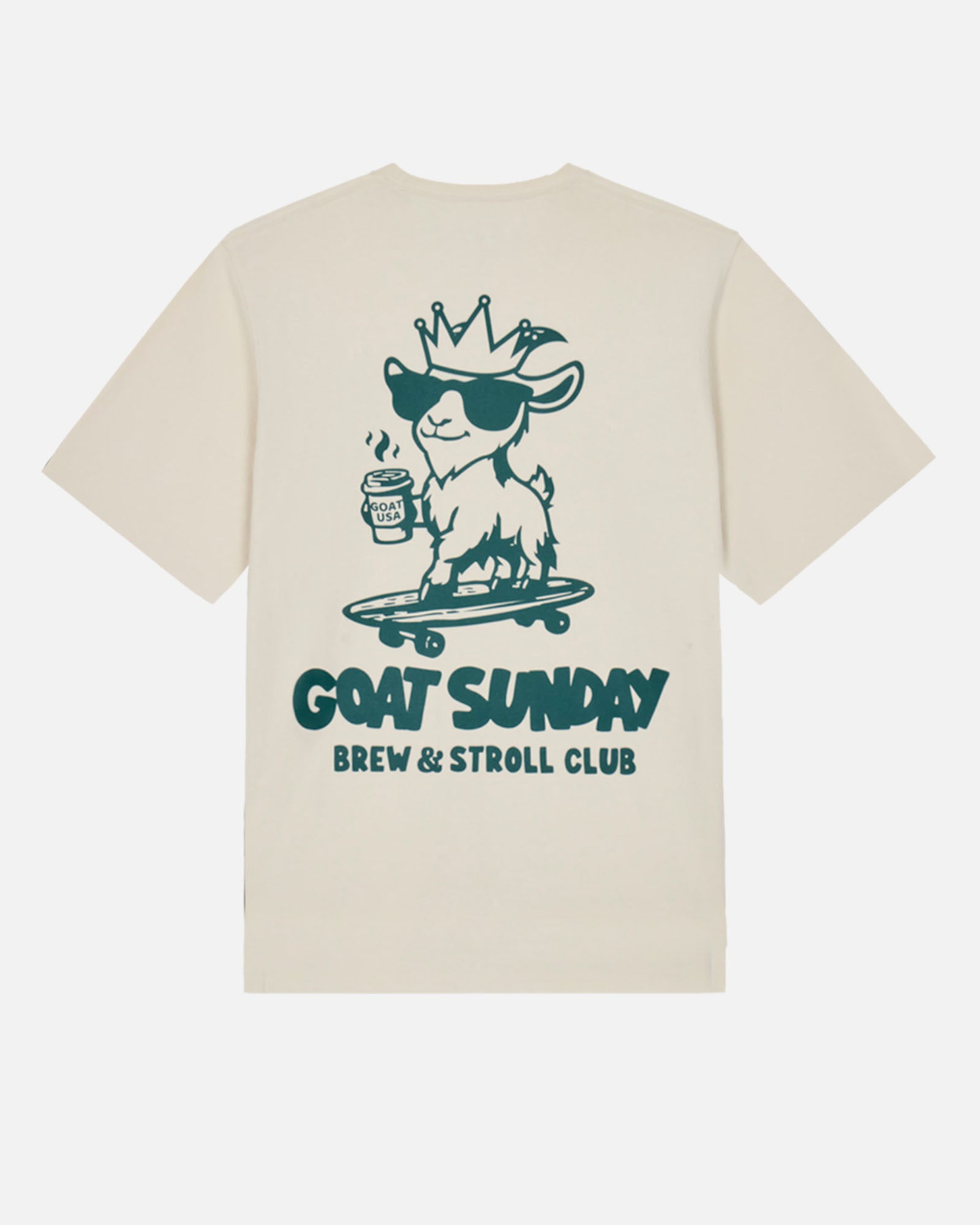 Beige t-shirt with a graphic of a goat on a skateboard and text 'GOAT SUNDAY Brew & Stroll Club' on a white background
