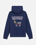 A navy blue pullover hoodie shown from the back, featuring a graphic of a goat wearing a US flag pattern and a small gold crown, with the text 'SUPPORTING BRAVERY' above it.