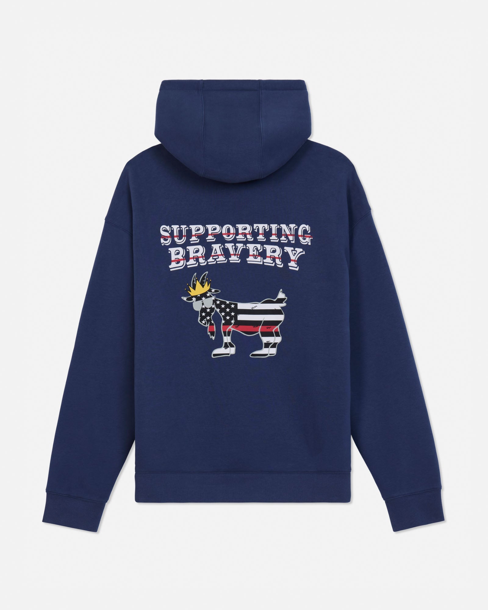 A navy blue pullover hoodie shown from the back, featuring a graphic of a goat wearing a US flag pattern and a small gold crown, with the text 'SUPPORTING BRAVERY' above it.
