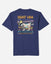 Back of navy t-shirt with surfboard goat design