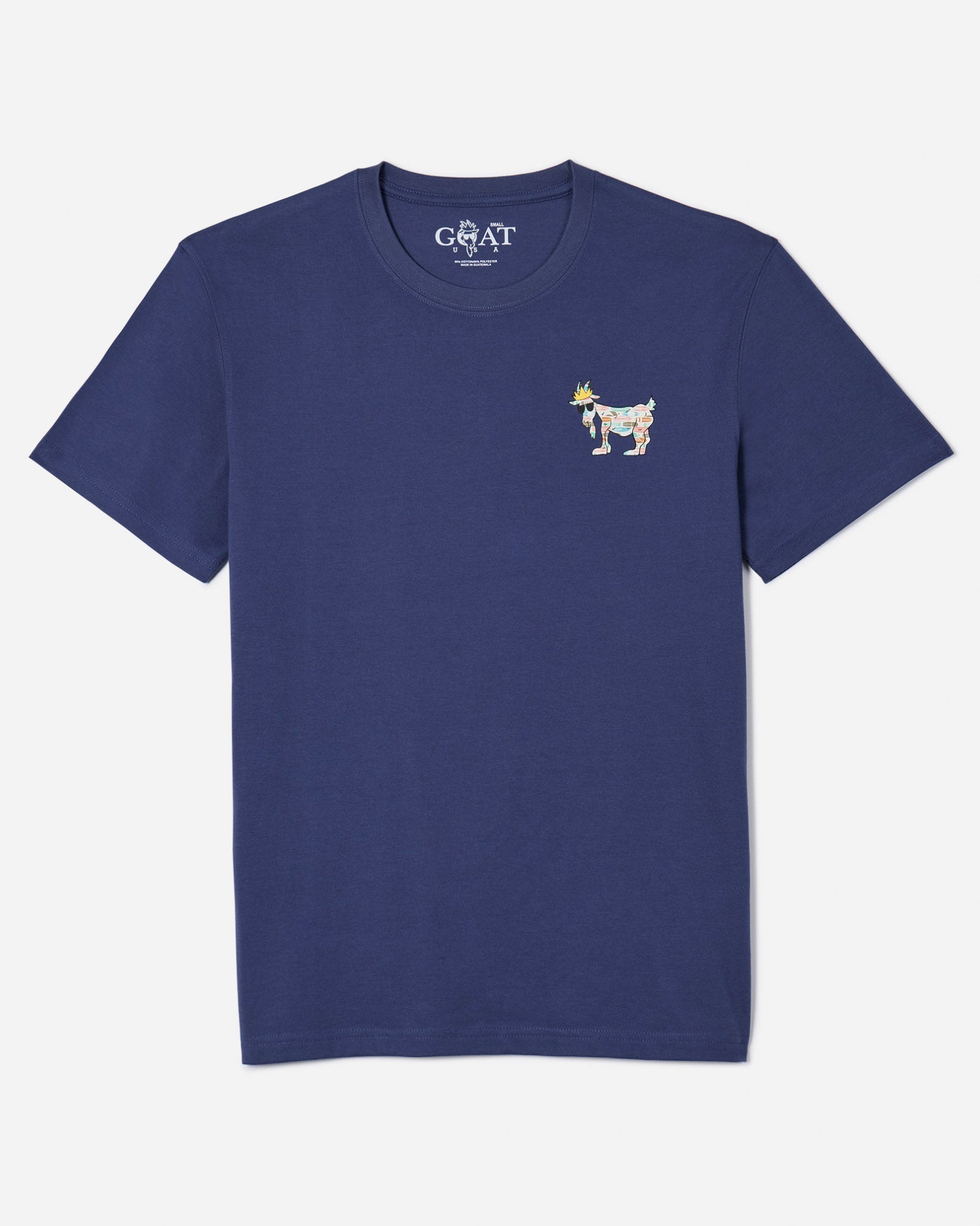 Front of navy t-shirt with surfboard goat left-chest logo