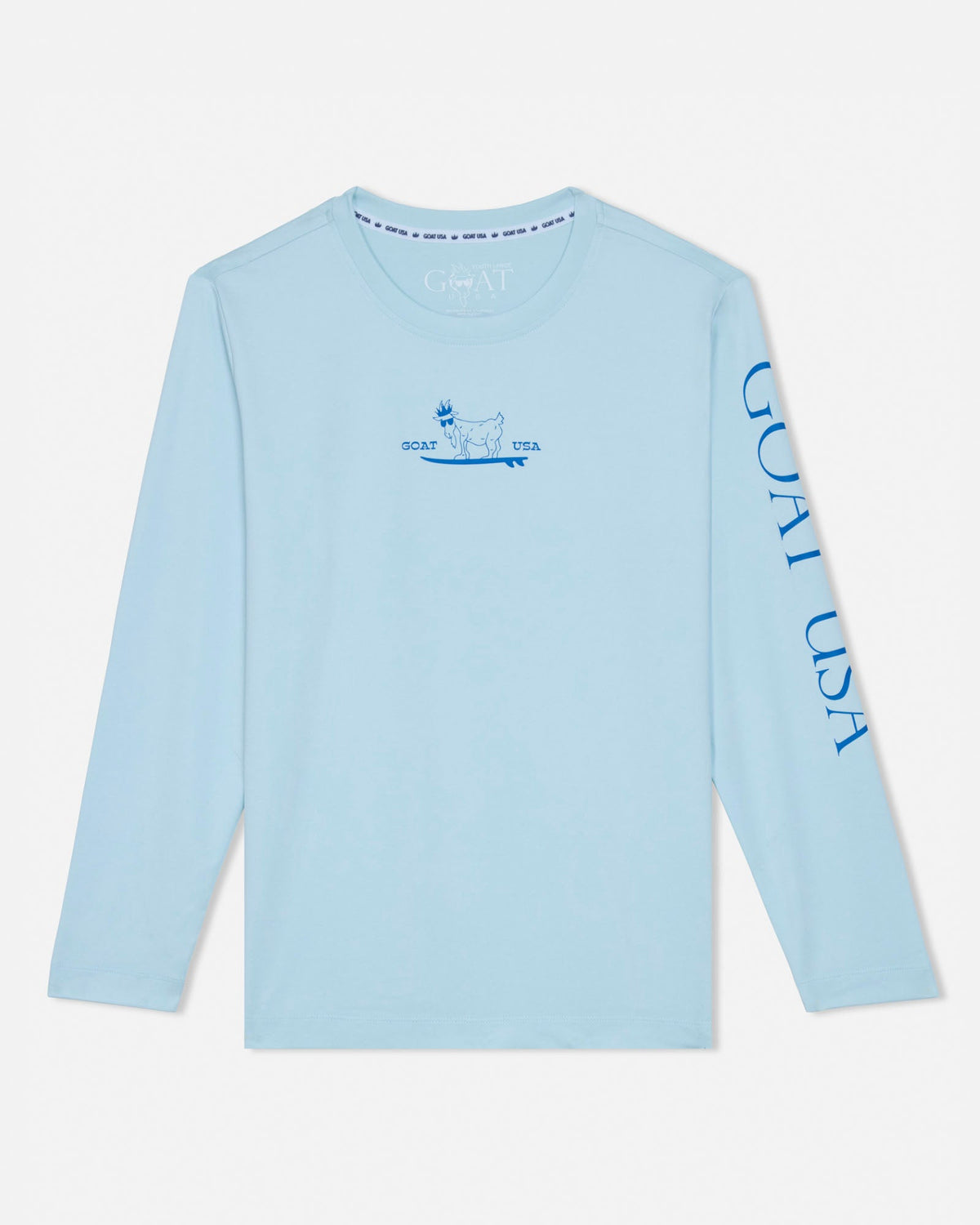 Light blue long-sleeve shirt with a graphic and text on a white background