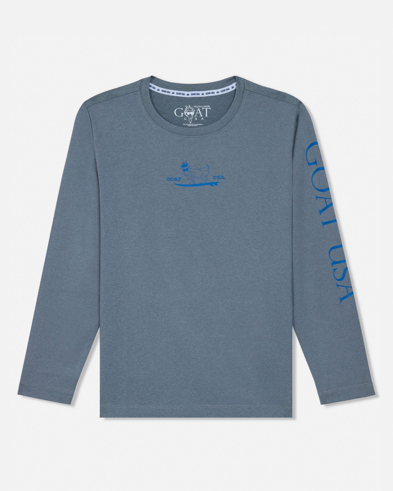 Gray long-sleeve shirt with branding on a light gray background#color_gray