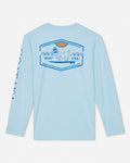Light blue long-sleeve shirt with a graphic design on the back against a white background