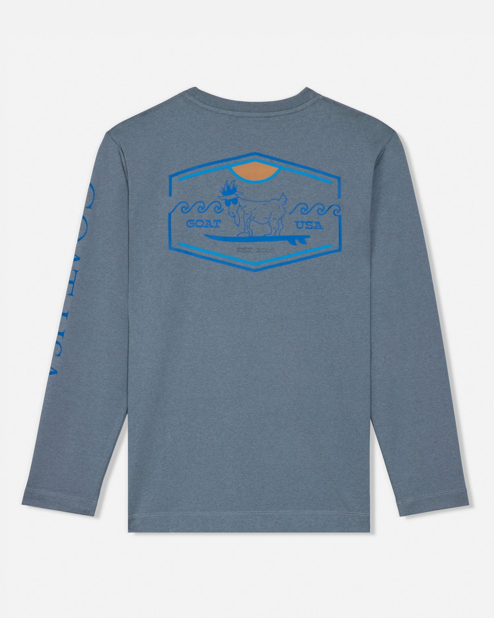 Gray long-sleeve shirt with a graphic design on the back against a white background#color_gray