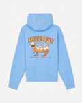 A light blue pullover hoodie shown from the back, featuring a large graphic print of a cinnamon roll with the text 'SWEETEST OF ALL TIME' and 'FRESH OUT OF THE OVEN'.
