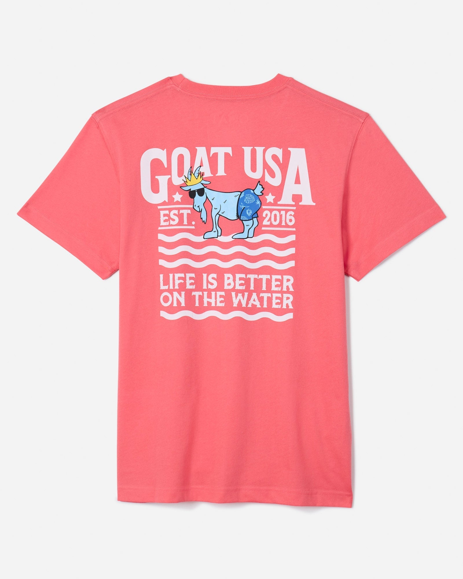 Back of salmon t-shirt with Chuck the GOAT and text that reads "life is better on the water"