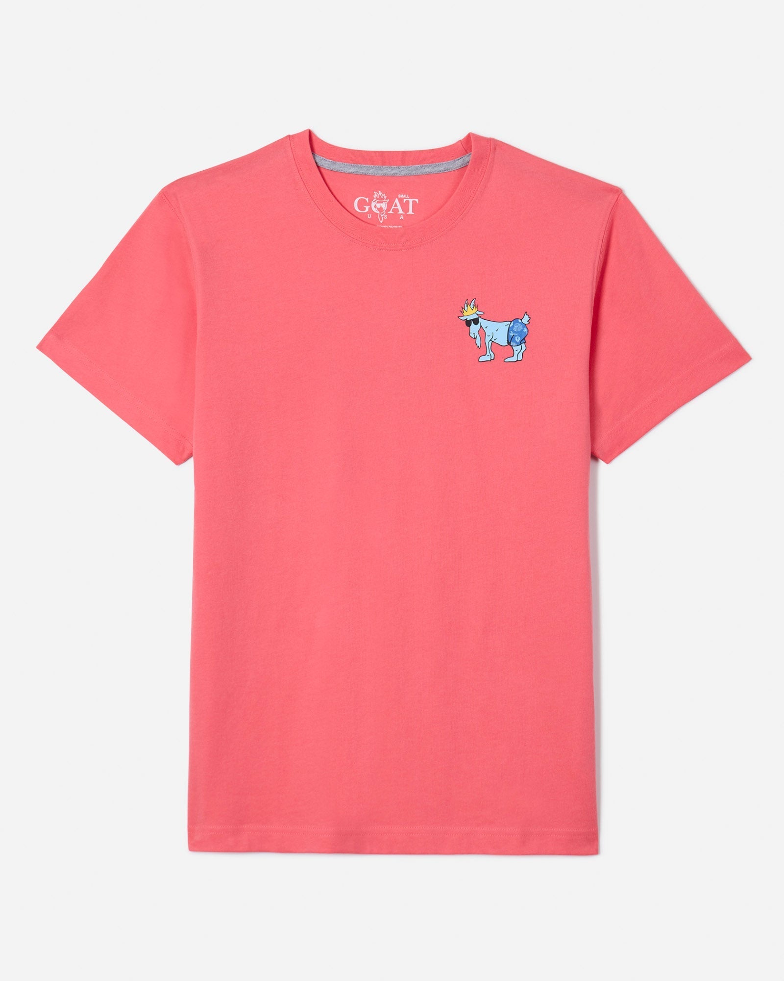 Front of salmon t-shirt with Chuck the GOAT in bathing suit as the left-chest logo