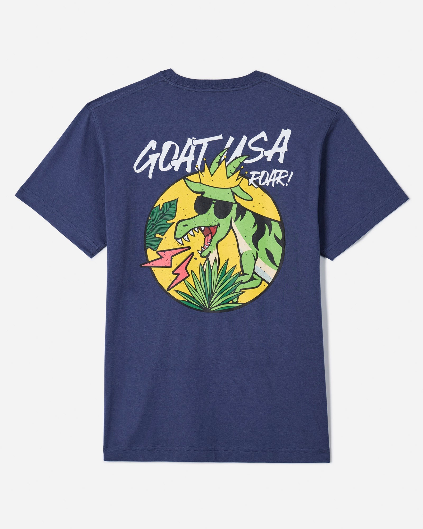 Back of navy t-shirt with t-rex goat graphic