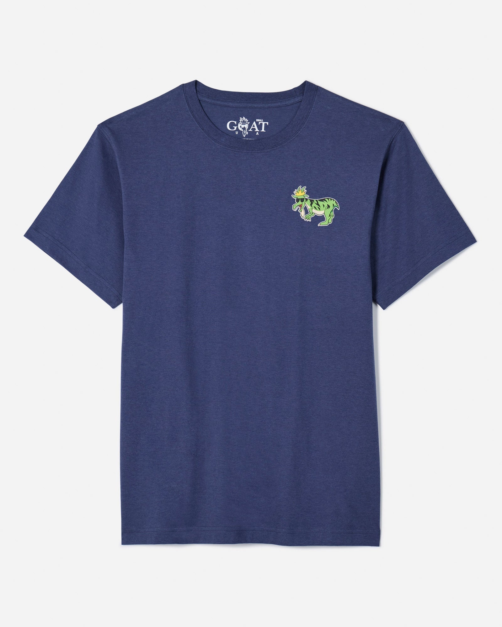 Front of navy t-shirt with t-rex goat left-chest logo