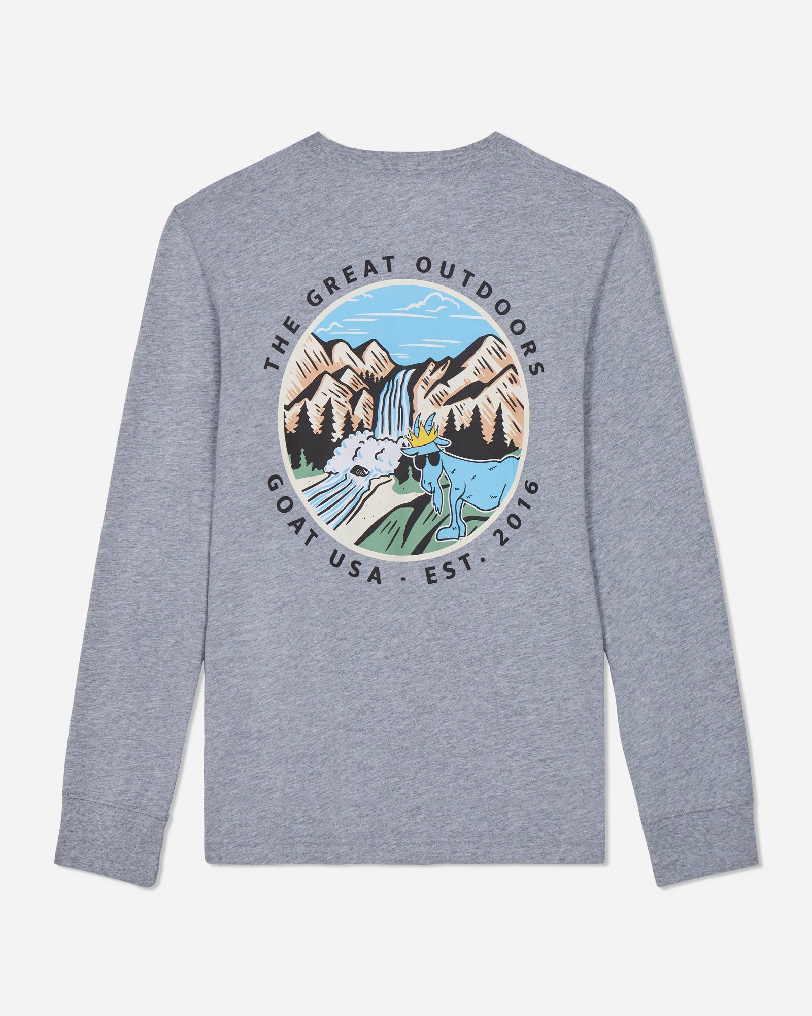Gray long-sleeve shirt with a mountain and waterfall graphic on the back