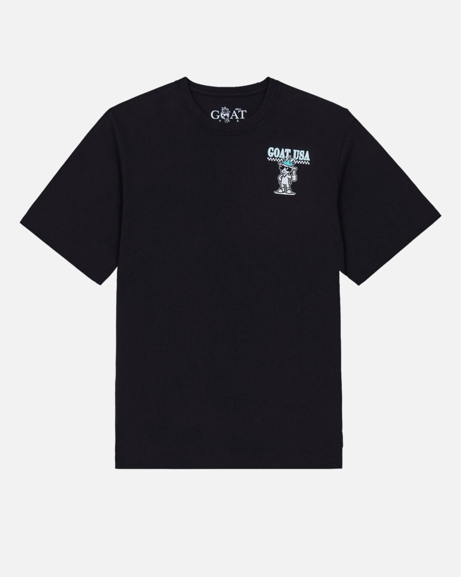 Black t-shirt with a graphic design on a white background