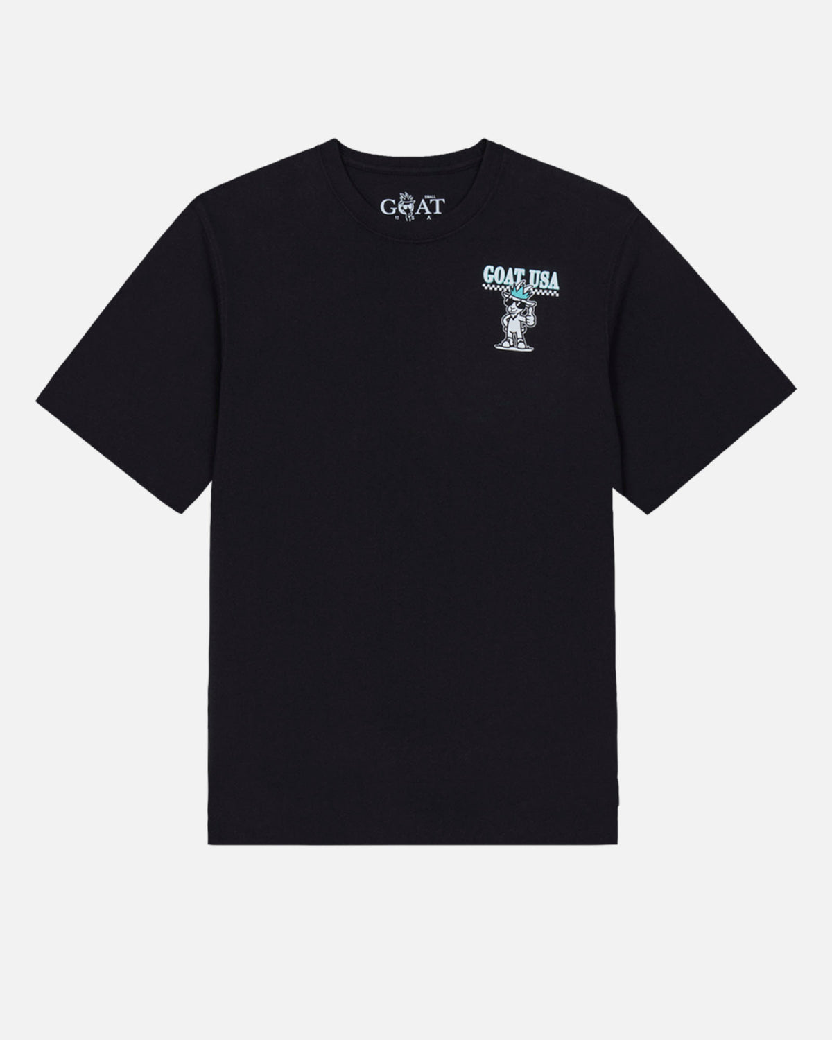 Black t-shirt with a graphic design on a white background