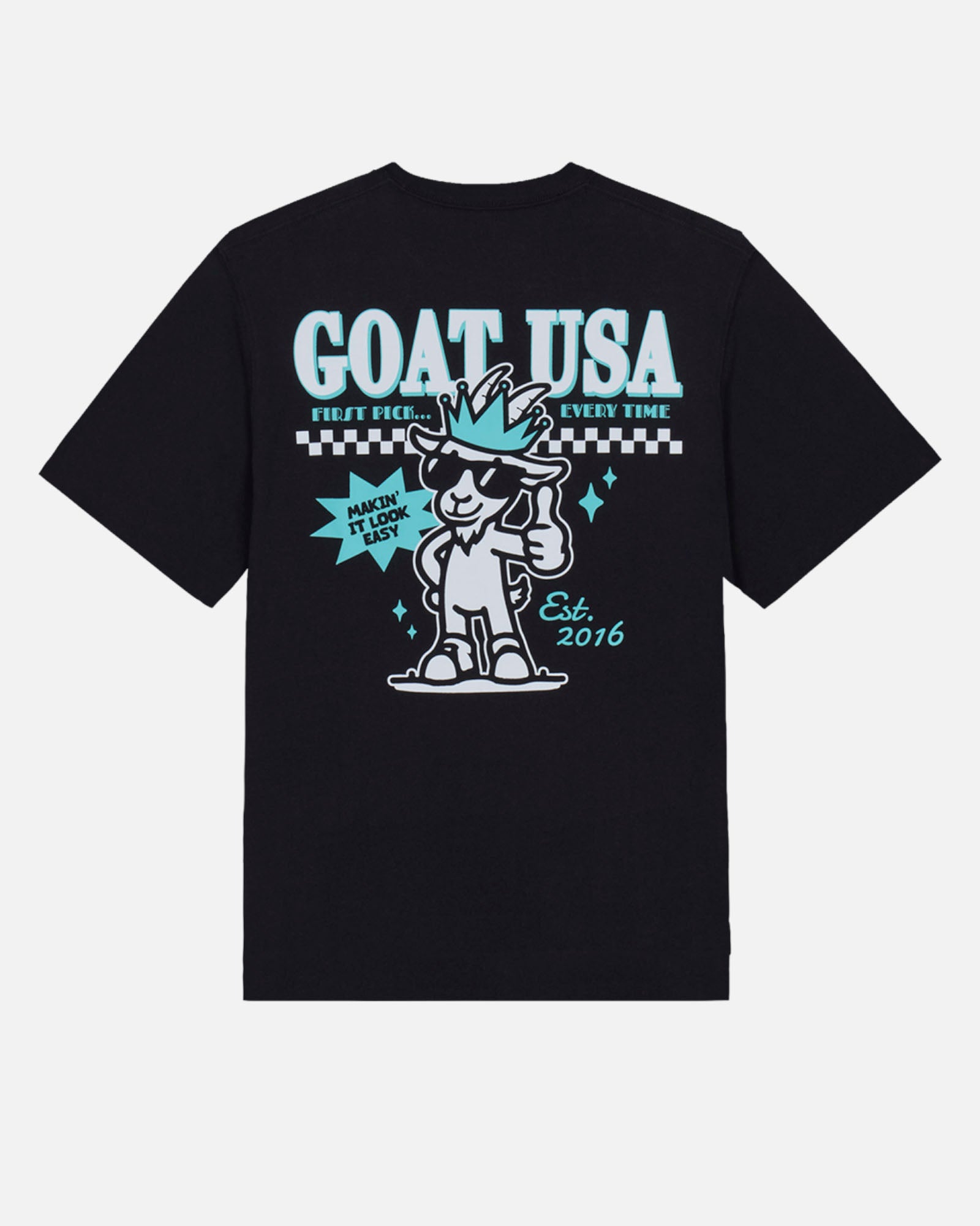 Black t-shirt with 'GOAT USA' graphic design featuring a cartoon goat with a crown and text.