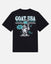 Black t-shirt with 'GOAT USA' graphic design featuring a cartoon goat with a crown and text.