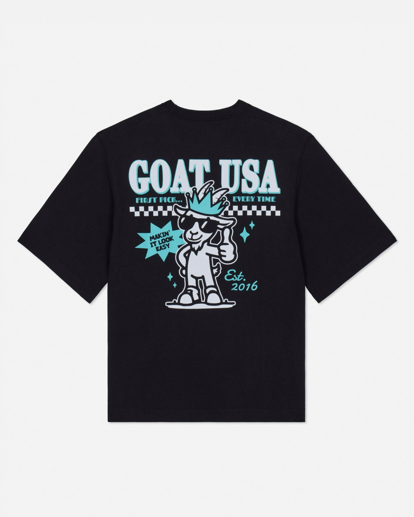 Black t-shirt with 'GOAT USA' graphic design featuring a cartoon goat with a crown and text.