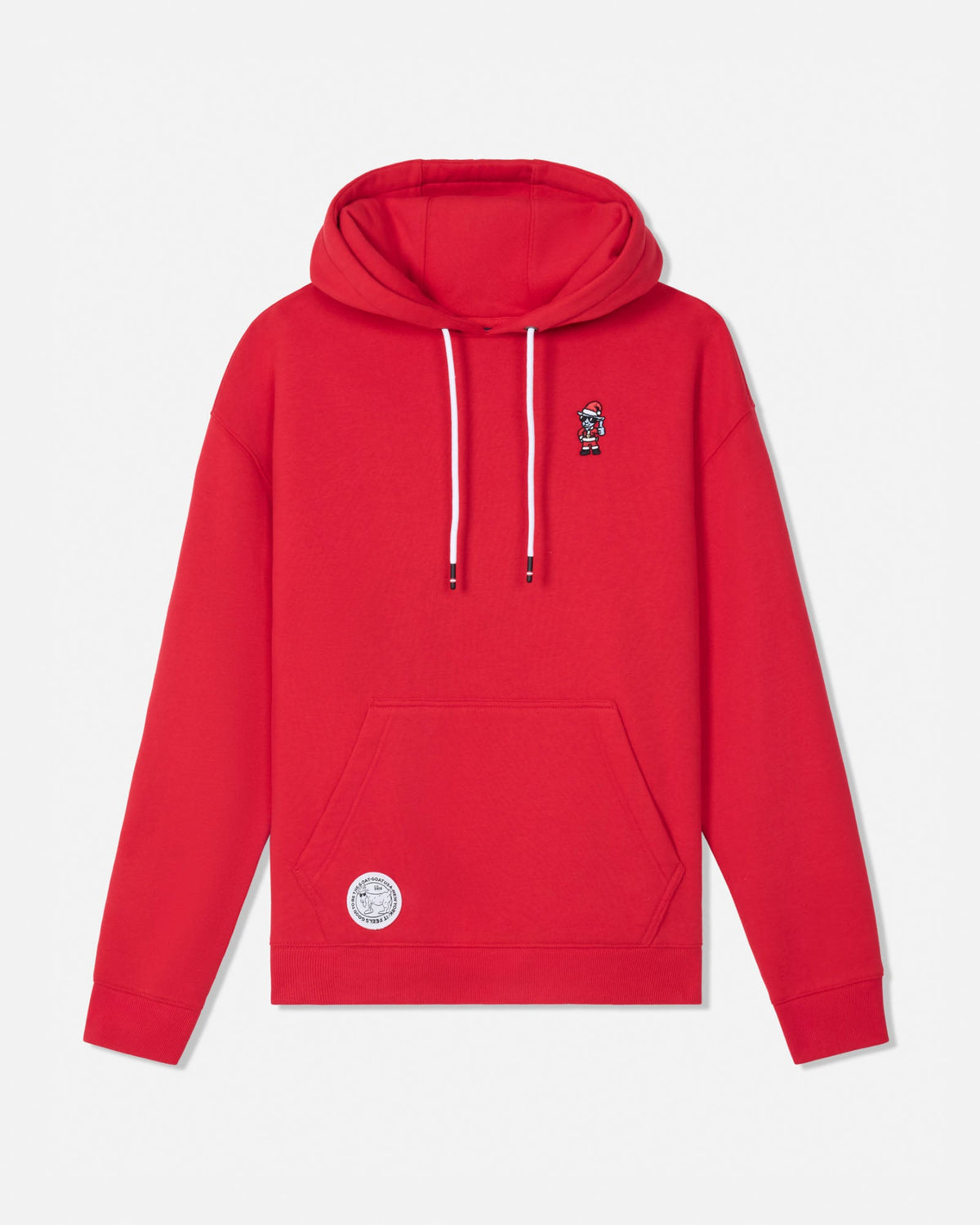 A bright red pullover hoodie with white drawstrings, featuring a small embroidered character on the left chest and a circular white patch on the lower left front pocket, displayed against a light gray background.