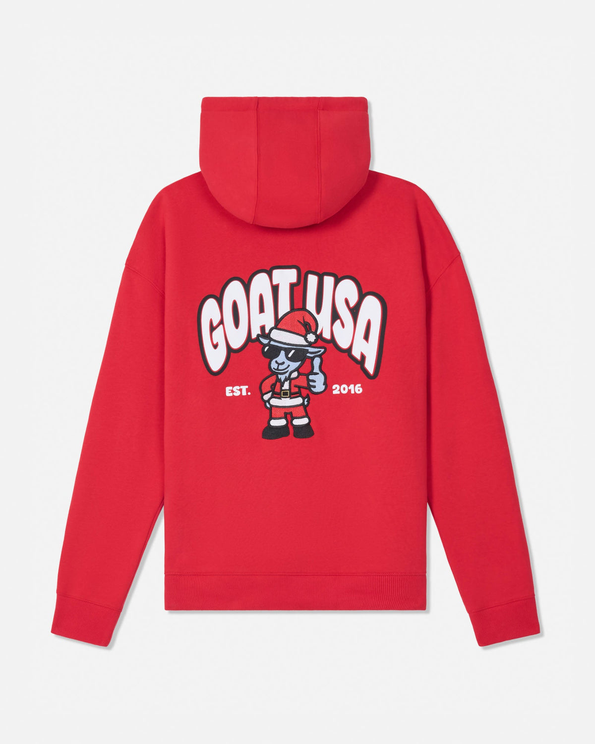 A red pullover hoodie shown from the back, featuring a large graphic print of the text 'GOAT USA' in white with black outlines and a cartoon goat character wearing a Santa hat and holding a gift. The text 'EST. 2016'