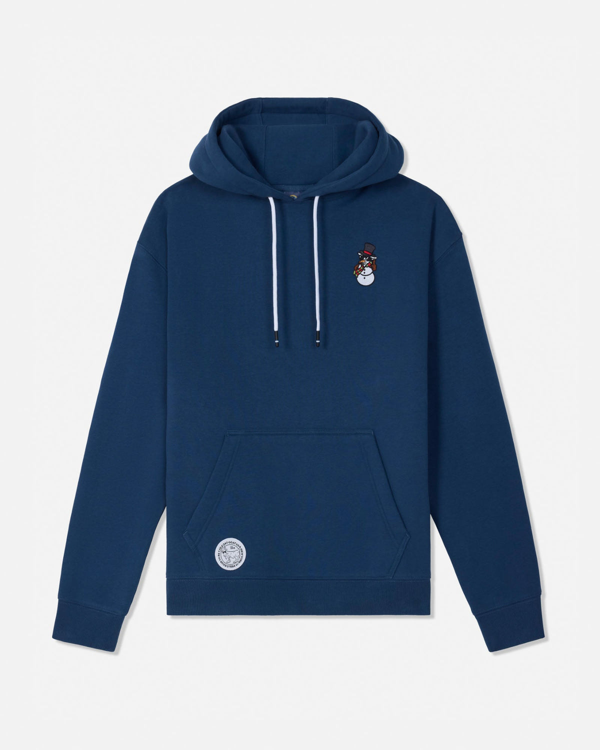 A navy blue pullover hoodie with white drawstrings, featuring a small cartoon snowman graphic on the left chest and a circular white patch on the lower front pocket, displayed against a light gray background.