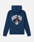 A navy blue hoodie shown from the back, featuring a large graphic print of a cartoon snowman and the text 'GOAT USA EST. 2016' in white and black.