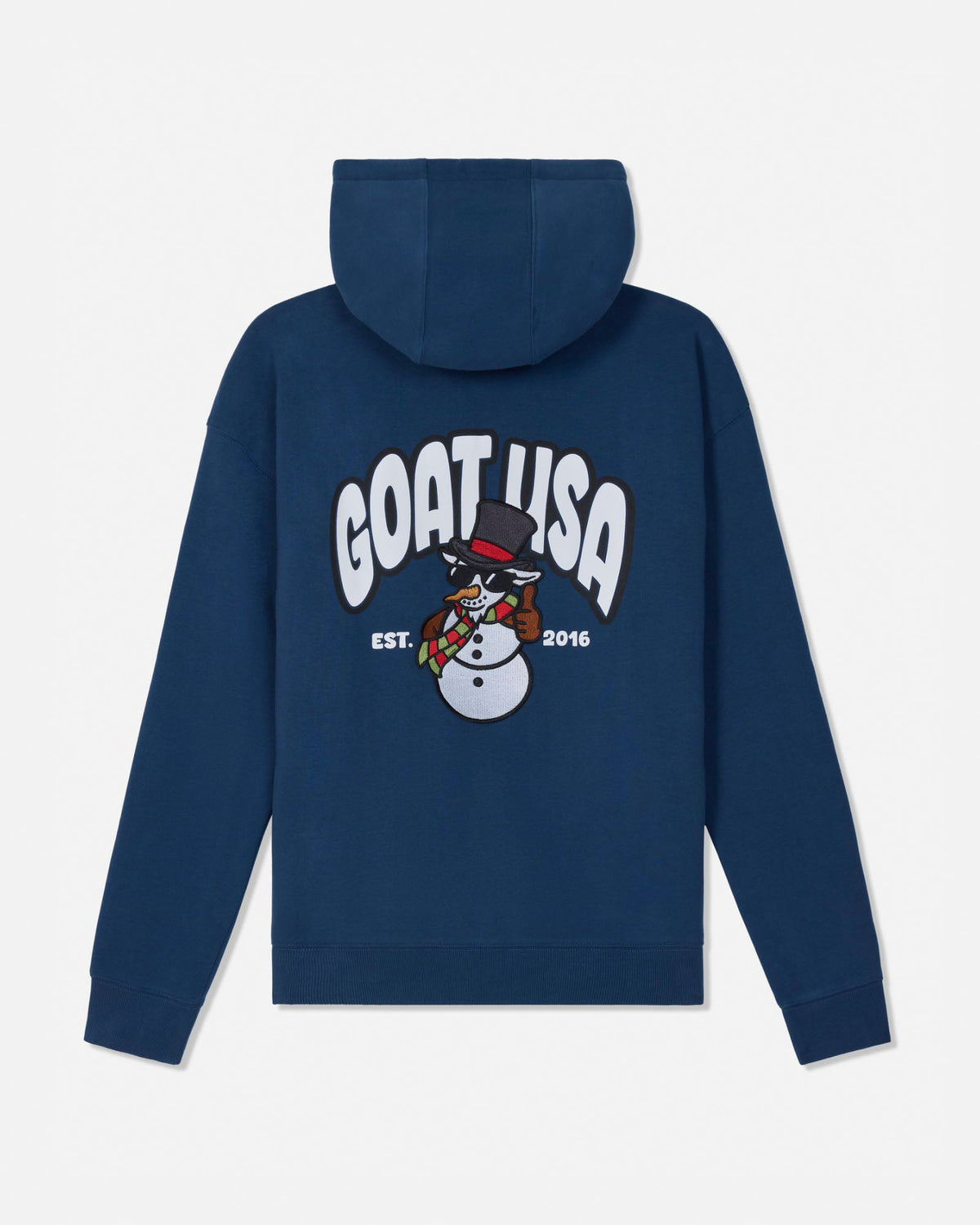 A navy blue hoodie shown from the back, featuring a large graphic print of a cartoon snowman and the text 'GOAT USA EST. 2016' in white and black.