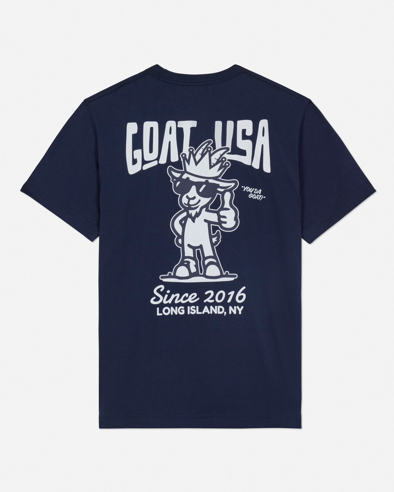 Back of navy t-shirt with thumbs up goat design