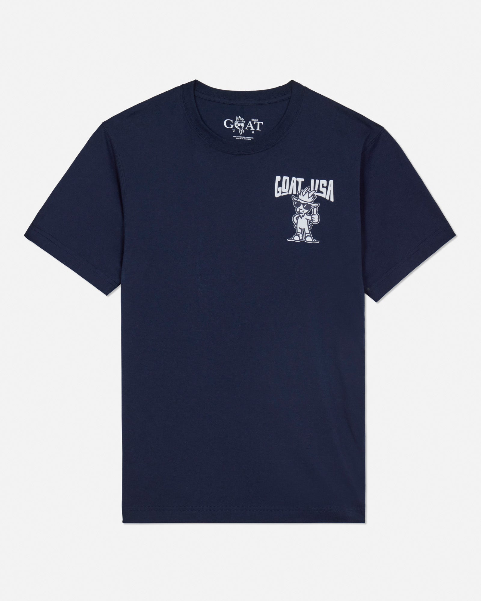 Front of navy t-shirt with thumbs up goat left-chest logo