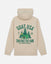 Beige hoodie with green graphic and text on a white background