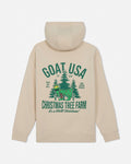 Beige hoodie with green graphic and text on a white background