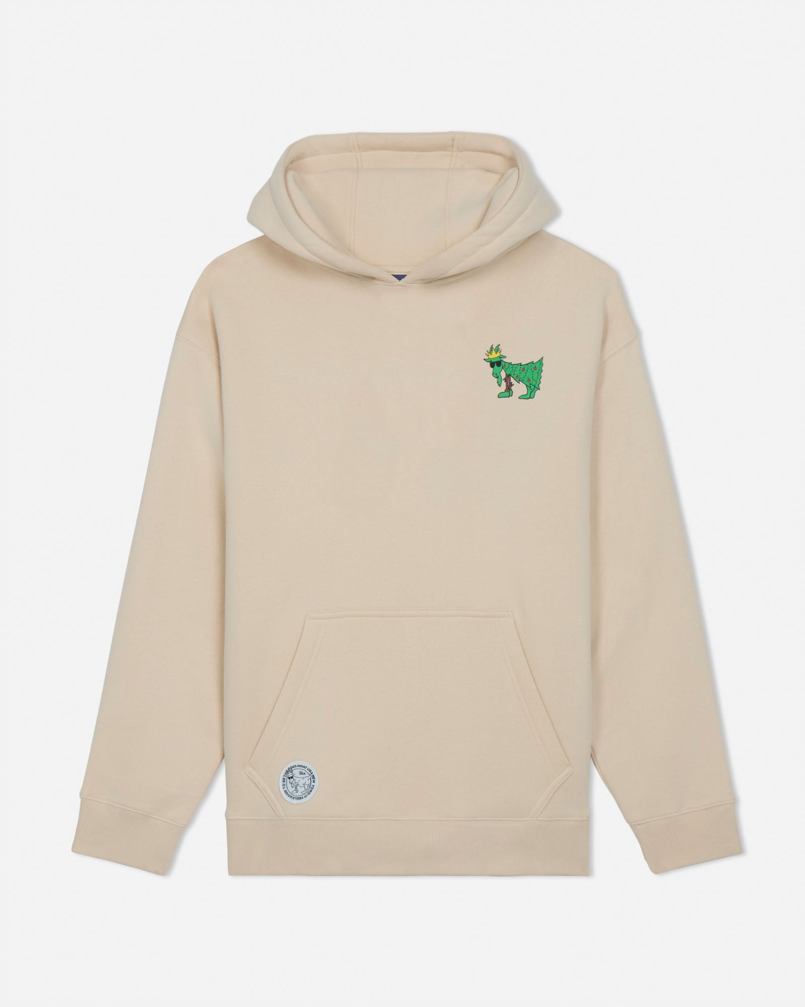 Beige hoodie with a small graphic on the chest against a white background