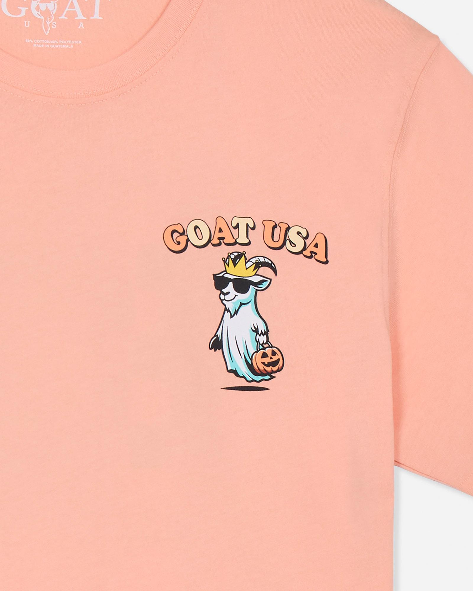 Peach t-shirt with 'GOAT USA' graphic featuring a goat in sunglasses and a crown.