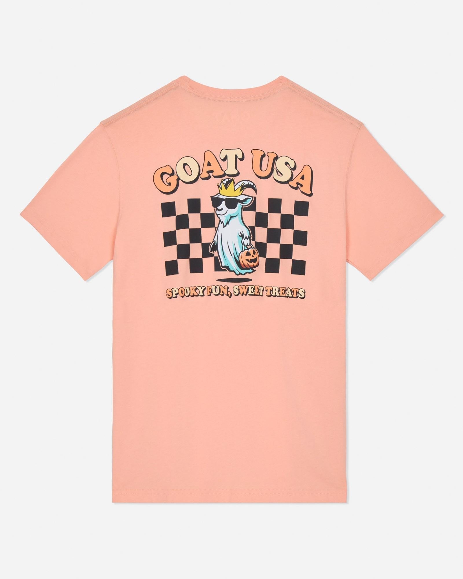 Peach t-shirt with graphic design and text on a light gray background